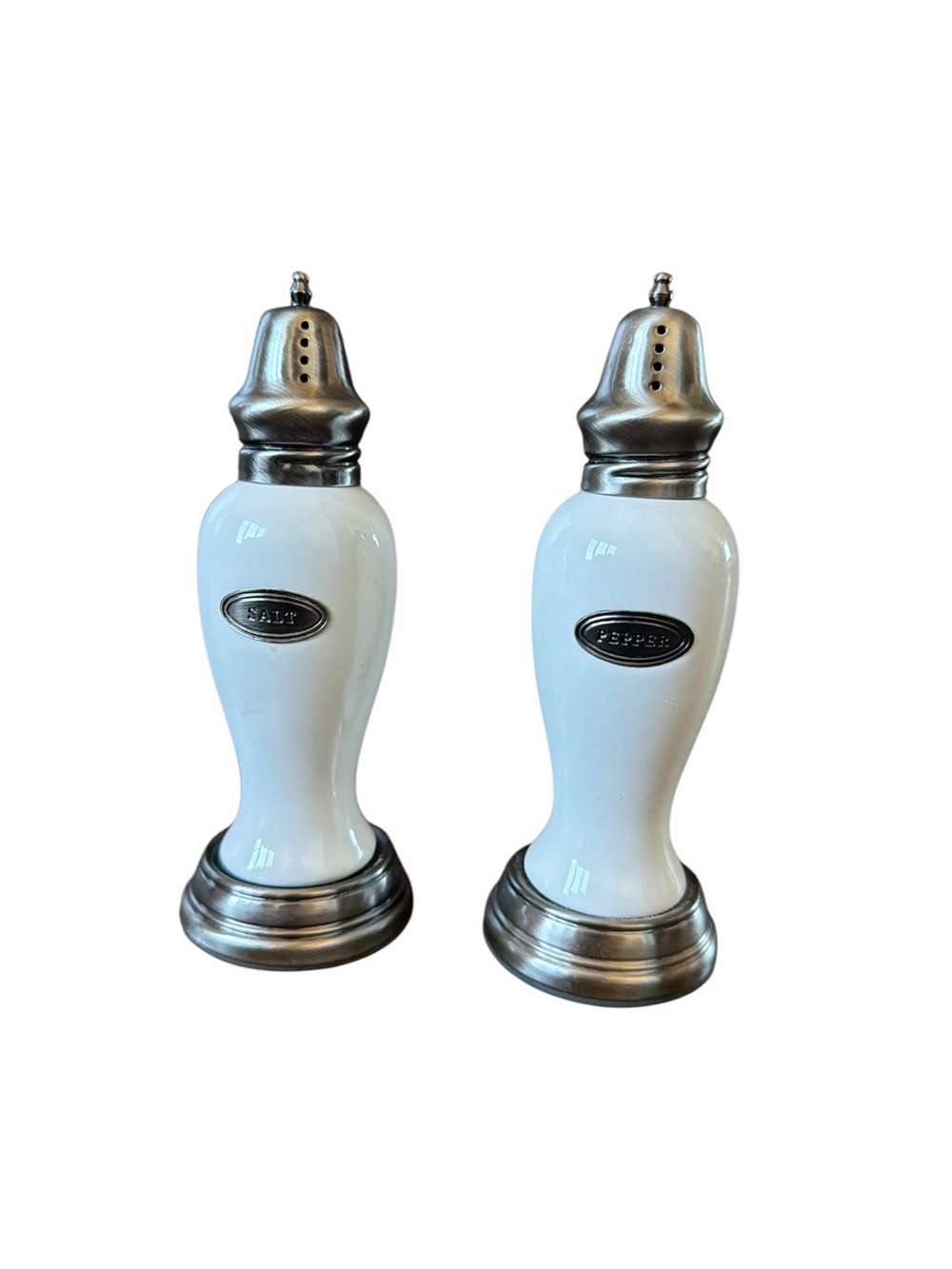 White Salt and Pepper Shakers with Silver Accents Minimalist Clean Look